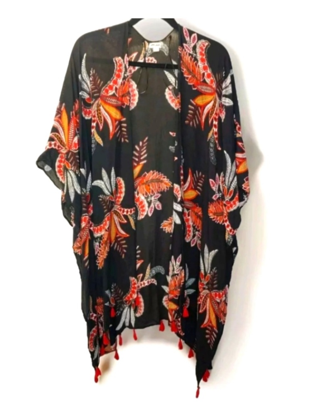 Boho Tassel Fringed Wrap Kimono Cover Up Top Woman Plus 2X Gauzy Crinkle Black